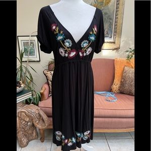 Caite Black Short Sleeve Embroidered Deep V Neckline Dress